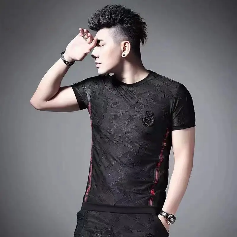 High end exquisite Jacquard Ribbon splicing short sleeve t-shirt men's summer trend new loose large handsome luxury half sleeve