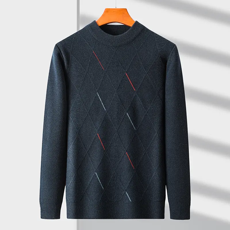 High quality and fashion diamond patterned solid color sweater men's autumn and winter new casual warm thick knitted pullover