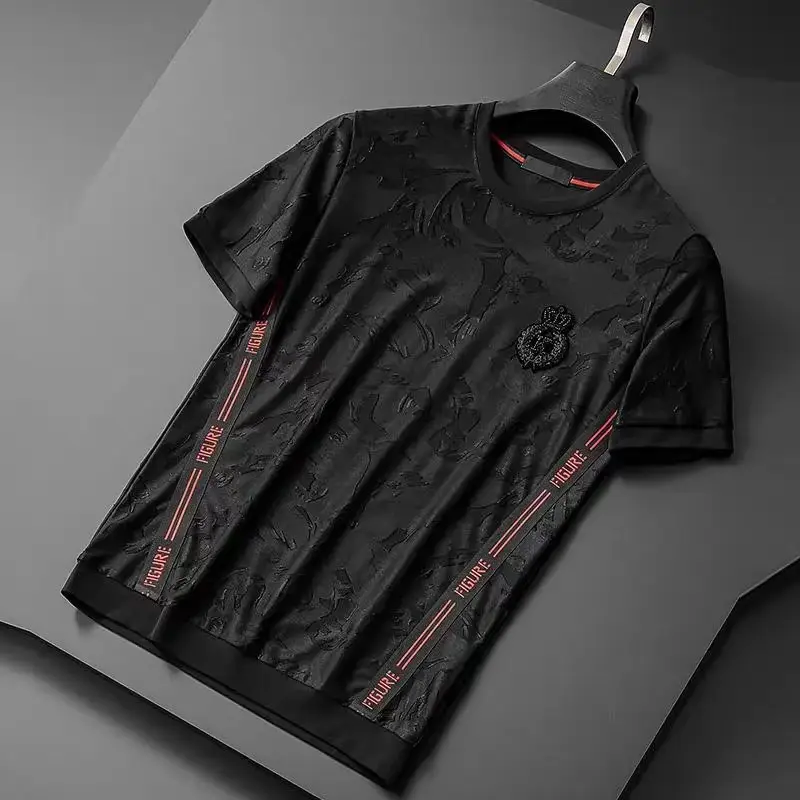 High end exquisite Jacquard Ribbon splicing short sleeve t-shirt men's summer trend new loose large handsome luxury half sleeve