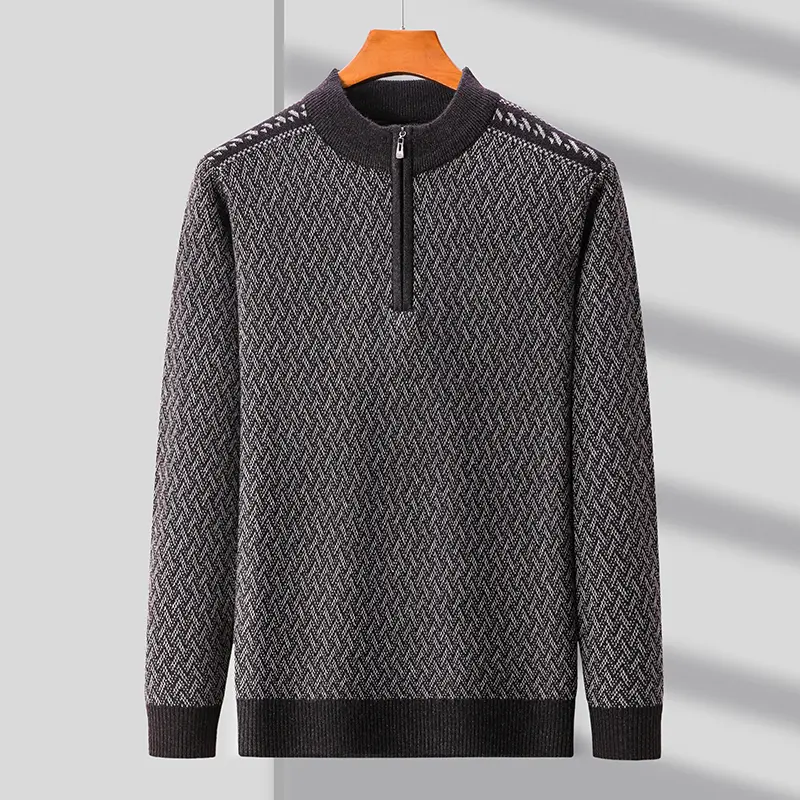 High quality fashionable autumn and winter high tie zipper exquisite pattern men's sweater casual warm thick knitted pullover