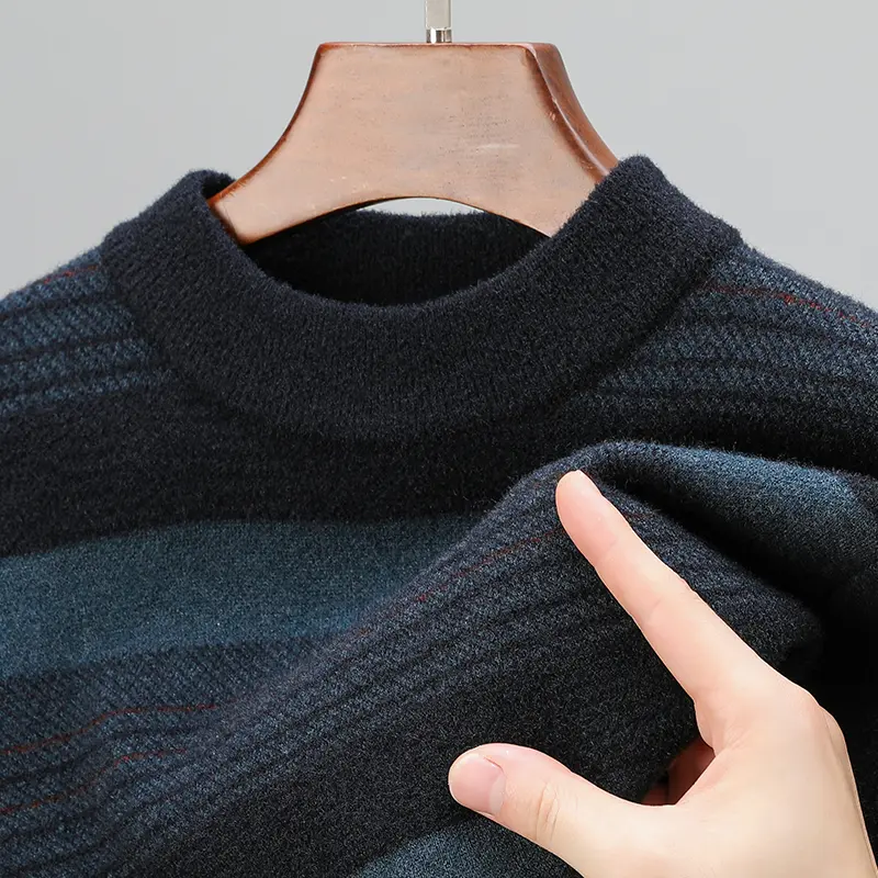 Advanced luxury autumn and winter round neck multi-color striped men's sweater fashionable warm and thick knitted pullover