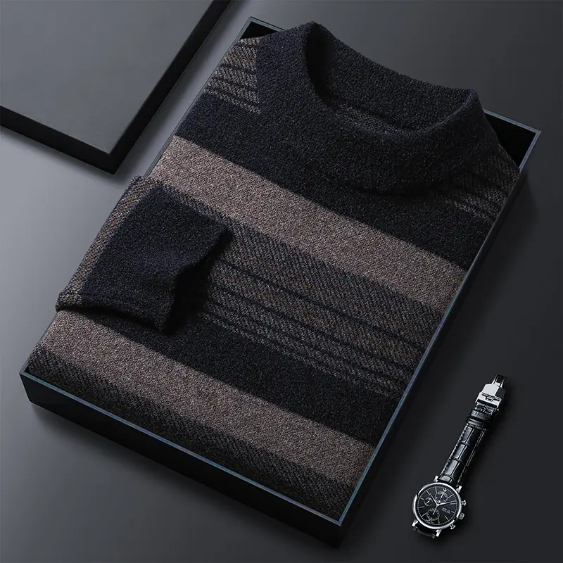 Advanced luxury autumn and winter round neck multi-color striped men's sweater fashionable warm and thick knitted pullover