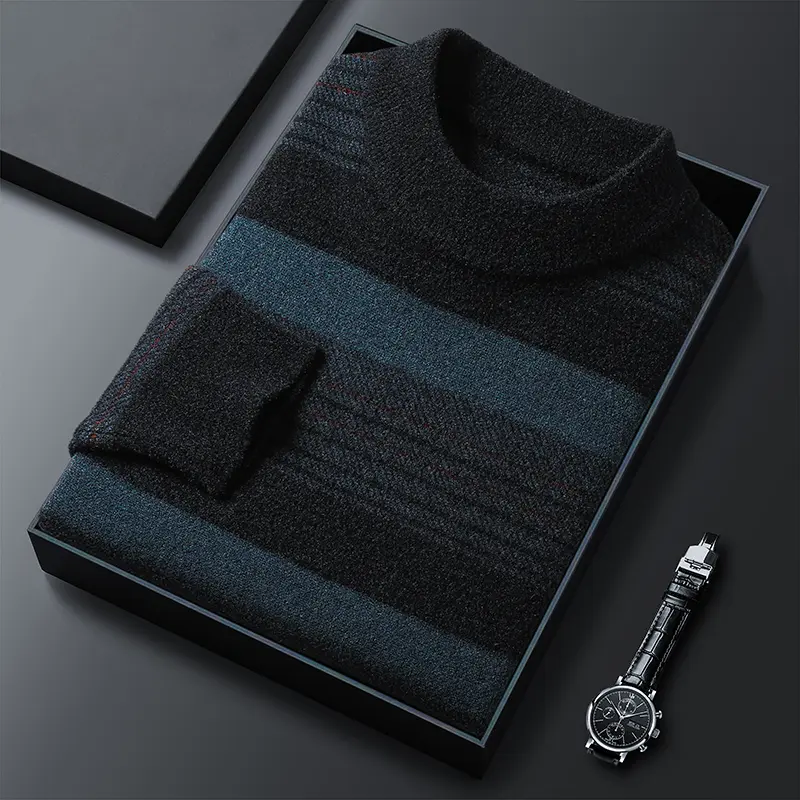 Advanced luxury autumn and winter round neck multi-color striped men's sweater fashionable warm and thick knitted pullover
