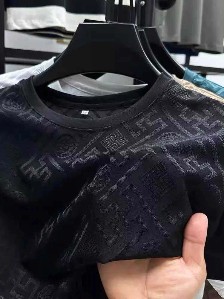 High end brand fashion badge printed short sleeve T-shirt men summer new ice silk plaid round neck T-shirt casual breathable top