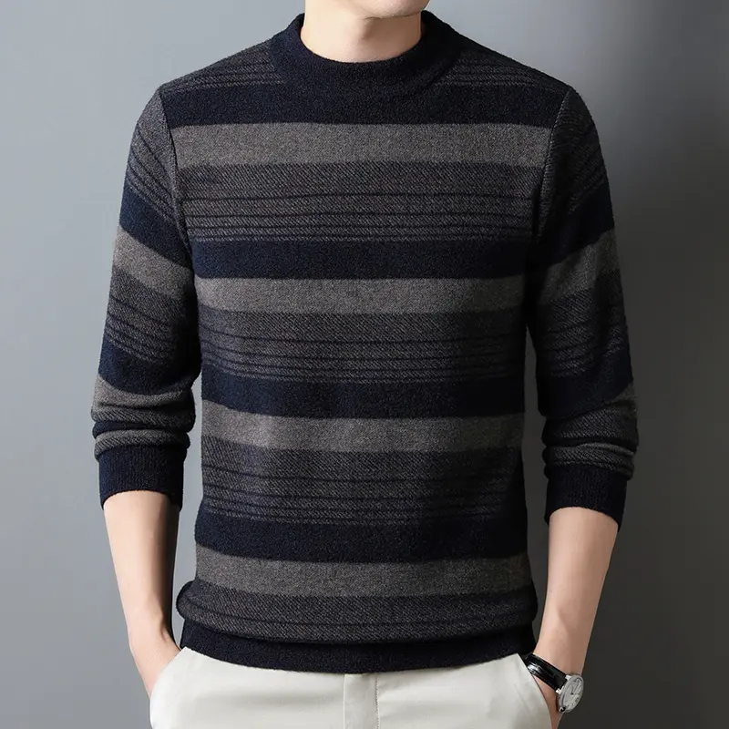 Advanced luxury autumn and winter round neck multi-color striped men's sweater fashionable warm and thick knitted pullover
