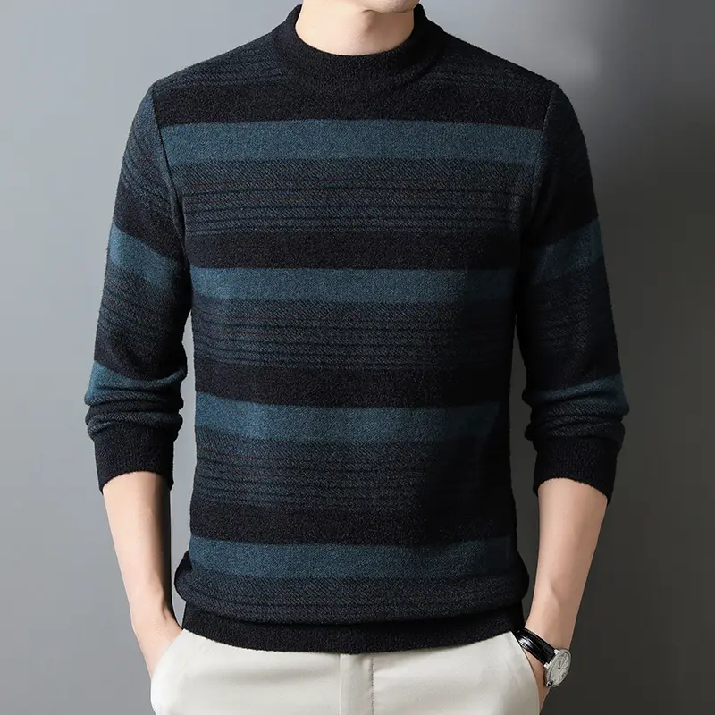 Advanced luxury autumn and winter round neck multi-color striped men's sweater fashionable warm and thick knitted pullover