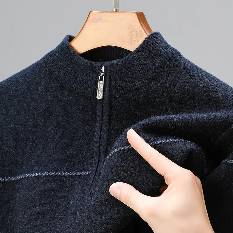 High quality luxury round neck zipper striped sweater men's 2024 autumn and winter new casual warm thick knitted pullover