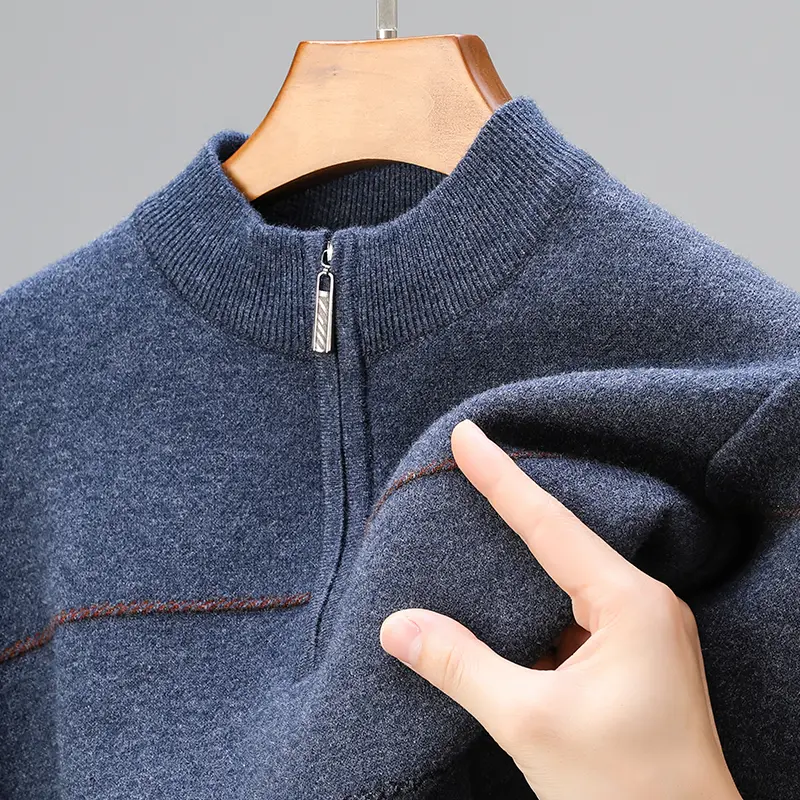 High quality luxury round neck zipper striped sweater men's 2024 autumn and winter new casual warm thick knitted pullover