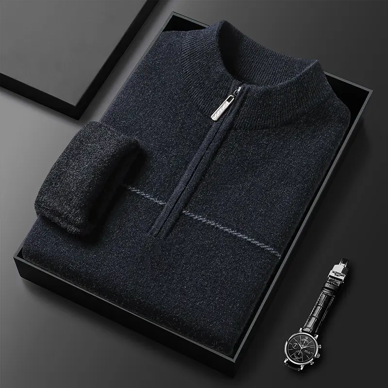 High quality luxury round neck zipper striped sweater men's 2024 autumn and winter new casual warm thick knitted pullover