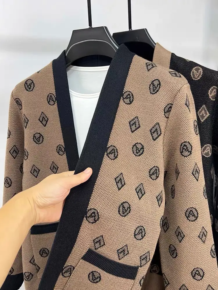 Advanced Contrast Color Letter Printing Knitted Cardigan Men's Spring and Autumn New Korean Fashion Shawl Casual Sweater Coat