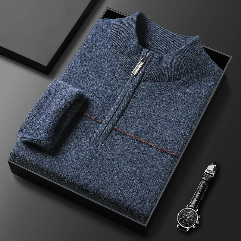 High quality luxury round neck zipper striped sweater men's 2024 autumn and winter new casual warm thick knitted pullover