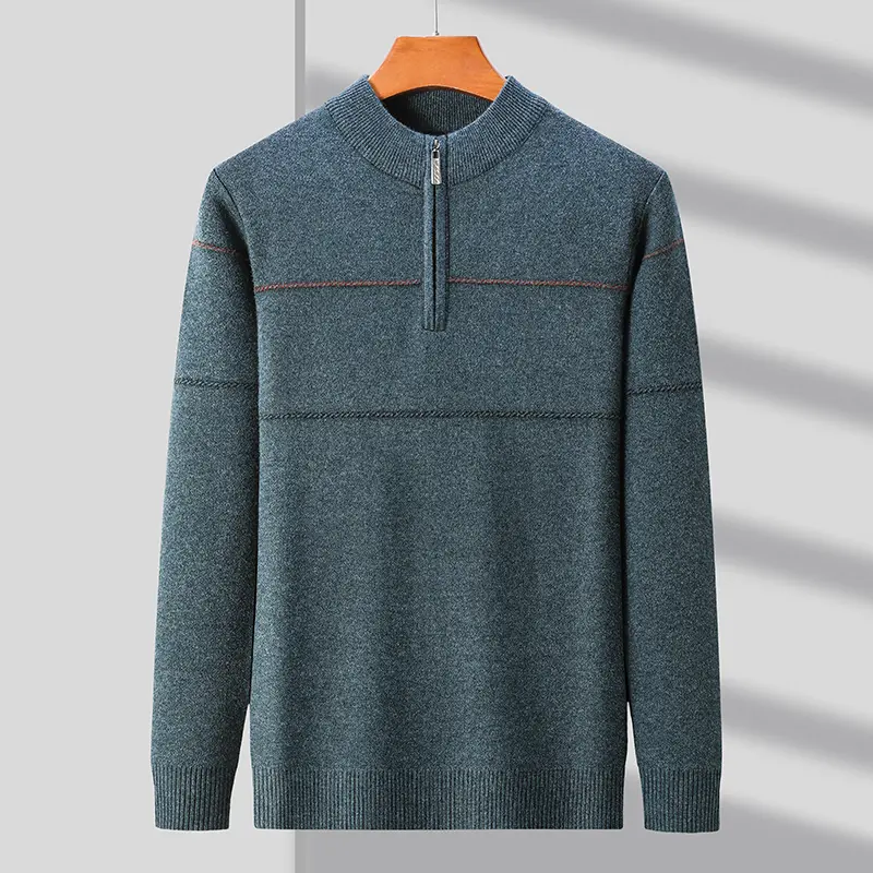 High quality luxury round neck zipper striped sweater men's 2024 autumn and winter new casual warm thick knitted pullover