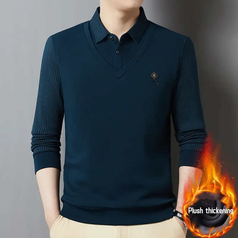 Advanced luxury shirt collar plush thick sweater men's autumn fashion brand embroidery fake two-piece set long sleeved T-shirt