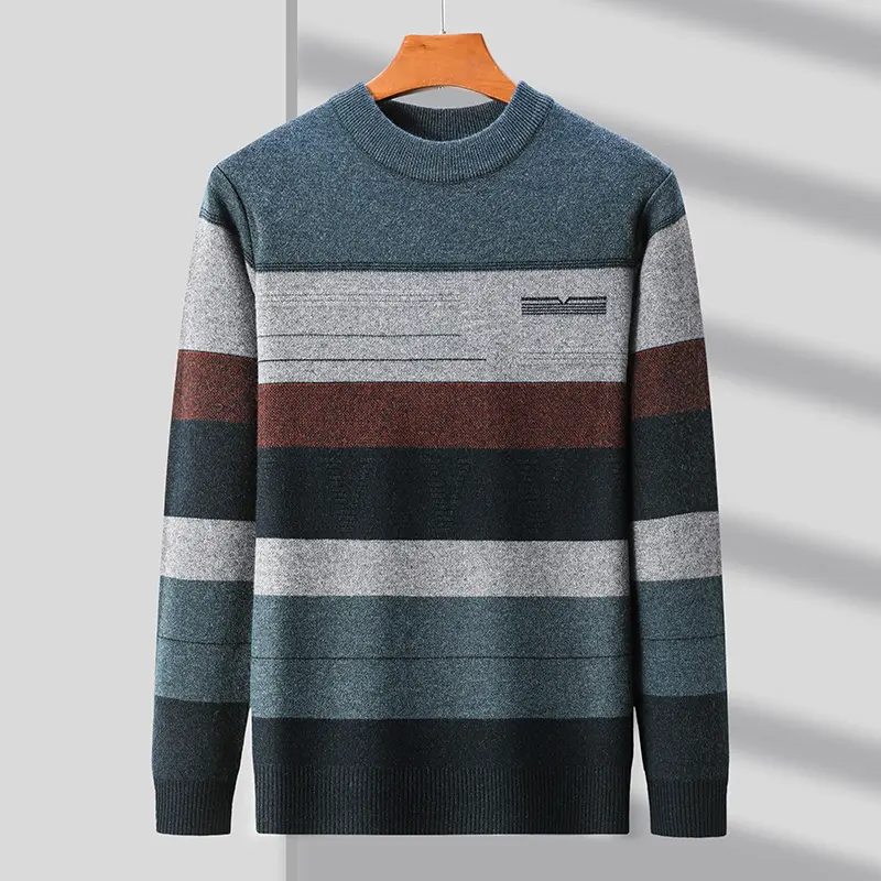 High quality luxury autumn and winter new high neck striped personalized casual men's sweater warm and thick knitted pullover