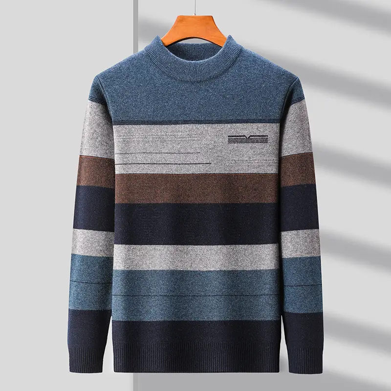 High quality luxury autumn and winter new high neck striped personalized casual men's sweater warm and thick knitted pullover