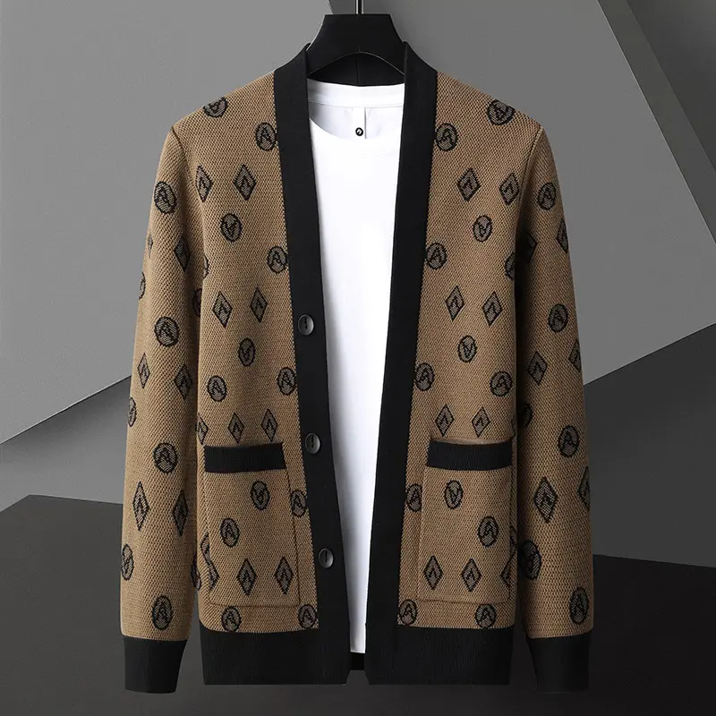 Advanced Contrast Color Letter Printing Knitted Cardigan Men's Spring and Autumn New Korean Fashion Shawl Casual Sweater Coat