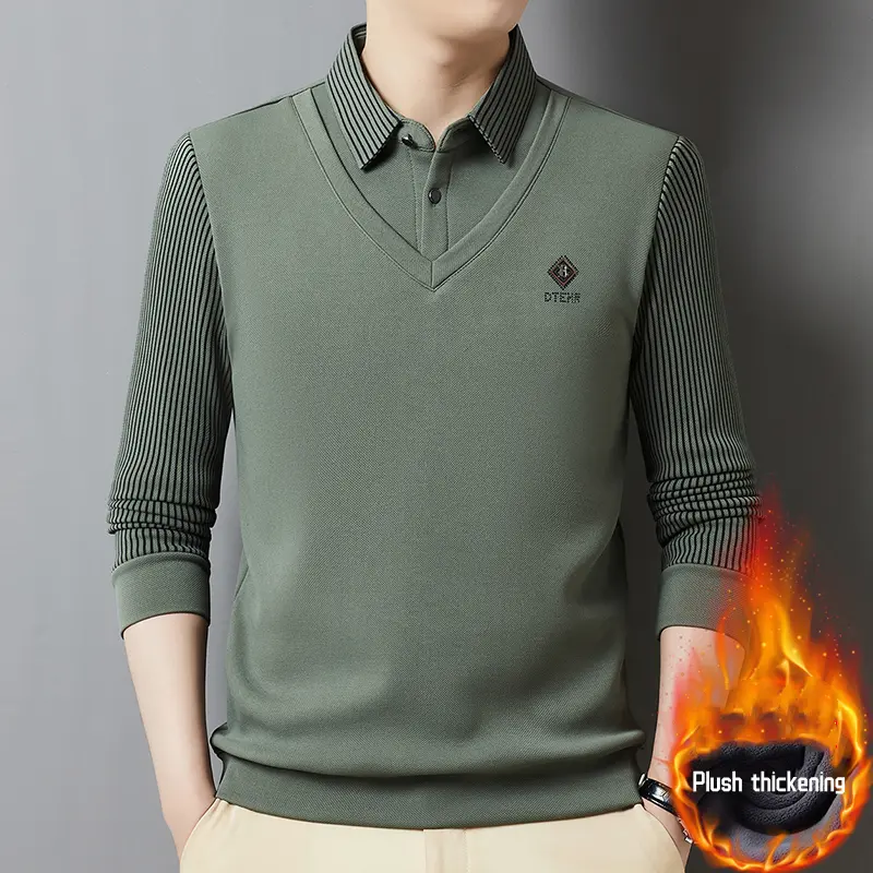 Advanced luxury shirt collar plush thick sweater men's autumn fashion brand embroidery fake two-piece set long sleeved T-shirt