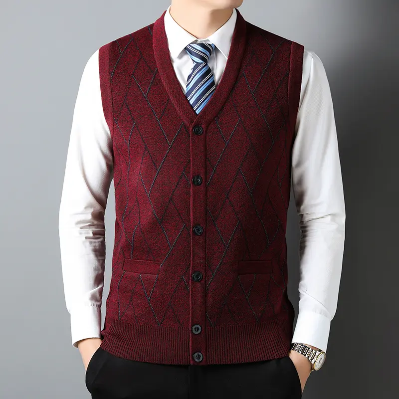 Advanced autumn and winter fashion luxury V-neck striped button sleeveless knitted vest man classic business casual outer set