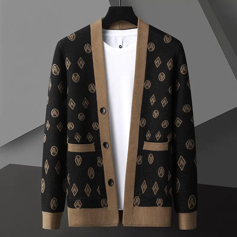 Advanced Contrast Color Letter Printing Knitted Cardigan Men's Spring and Autumn New Korean Fashion Shawl Casual Sweater Coat