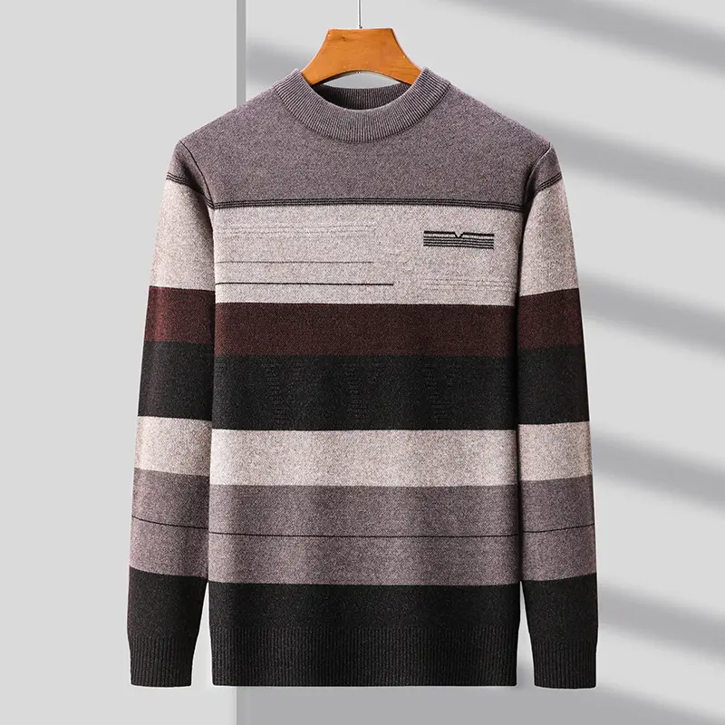 High quality luxury autumn and winter new high neck striped personalized casual men's sweater warm and thick knitted pullover