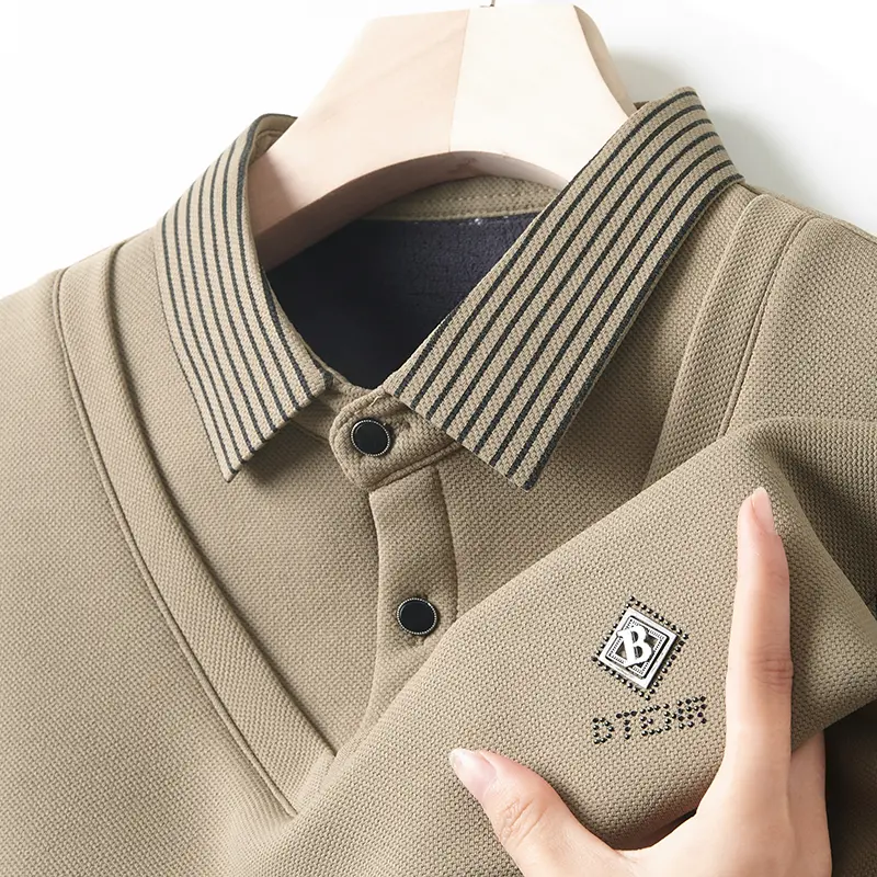 Advanced luxury shirt collar plush thick sweater men's autumn fashion brand embroidery fake two-piece set long sleeved T-shirt