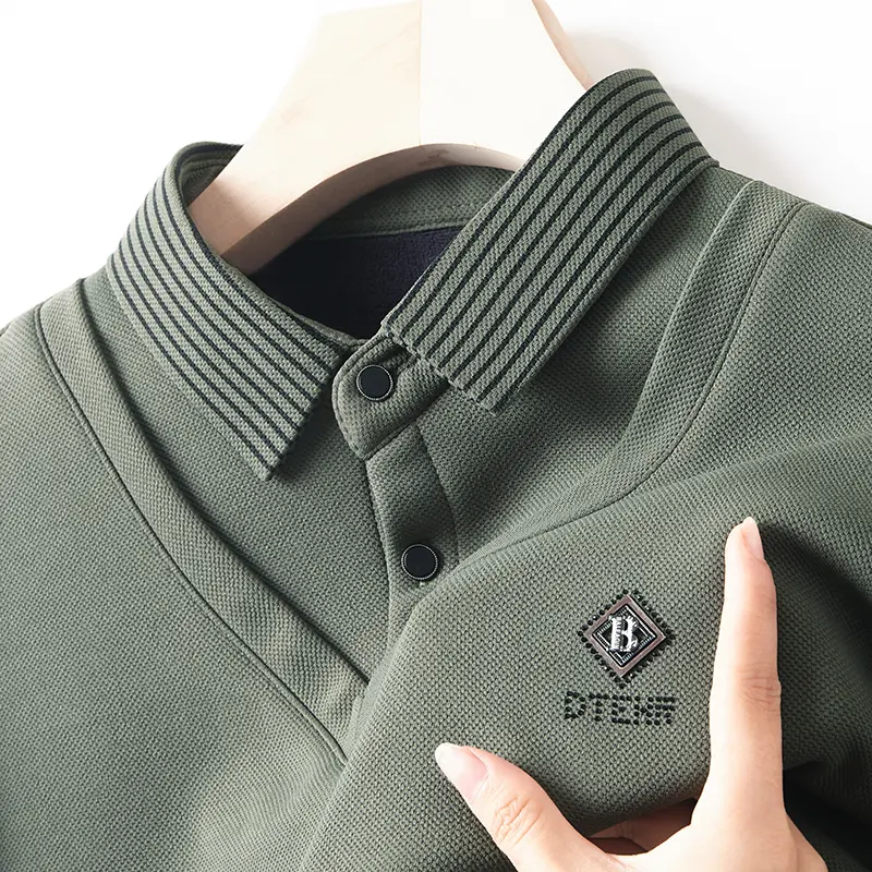 Advanced luxury shirt collar plush thick sweater men's autumn fashion brand embroidery fake two-piece set long sleeved T-shirt