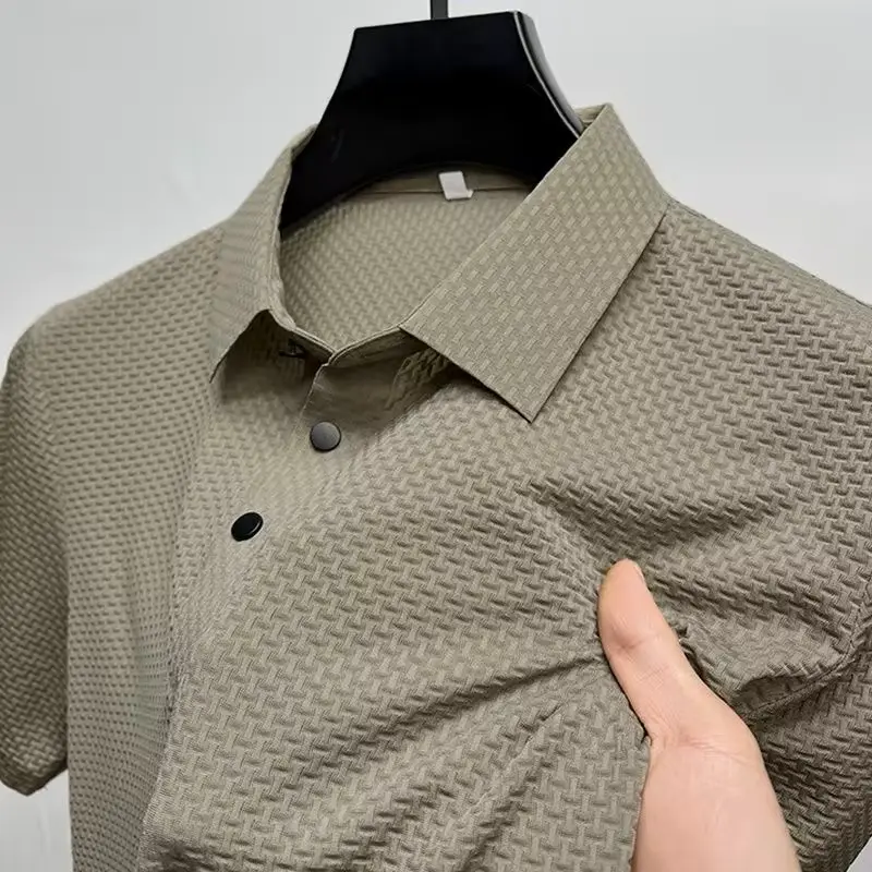 Summer New Fashion Ice shreds Short sleeve POLO Shirt High end brand Men's Business Casual T-shirt Solid Color ventilate Top