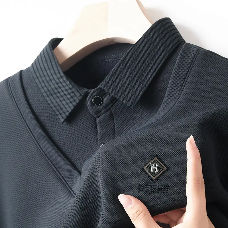 Advanced luxury shirt collar plush thick sweater men's autumn fashion brand embroidery fake two-piece set long sleeved T-shirt
