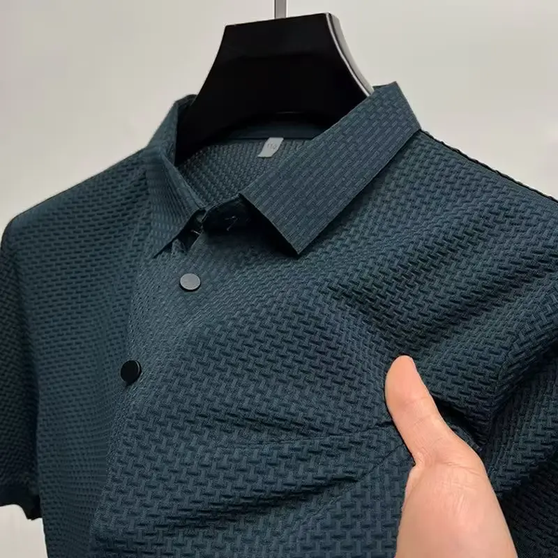 Summer New Fashion Ice shreds Short sleeve POLO Shirt High end brand Men's Business Casual T-shirt Solid Color ventilate Top