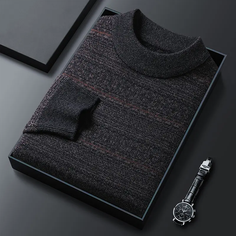 High quality luxury autumn and winter new classic round neck exquisite striped men's sweater casual warm thick knitted pullover