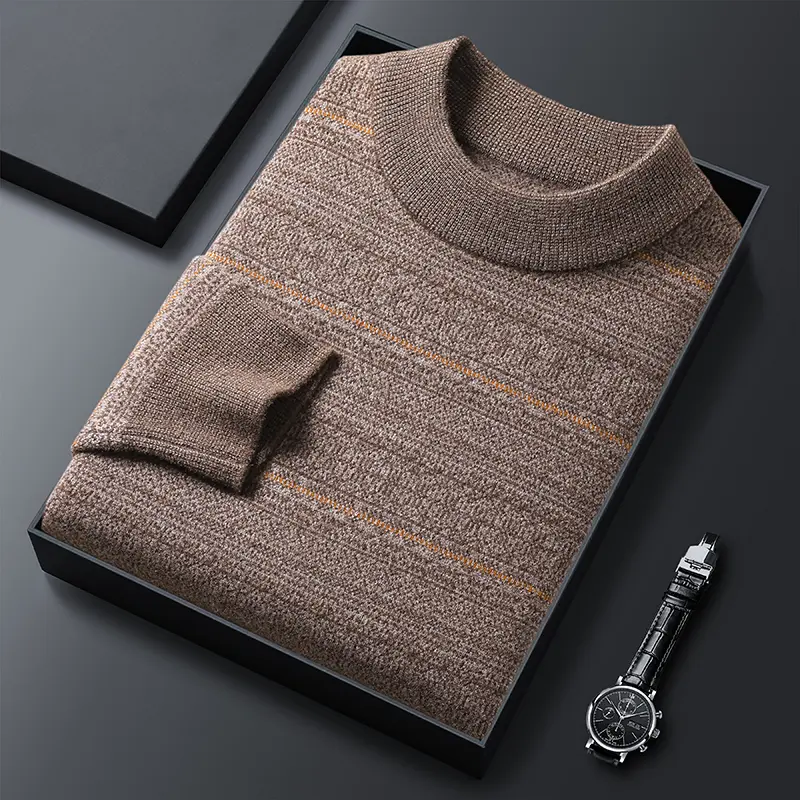 High quality luxury autumn and winter new classic round neck exquisite striped men's sweater casual warm thick knitted pullover