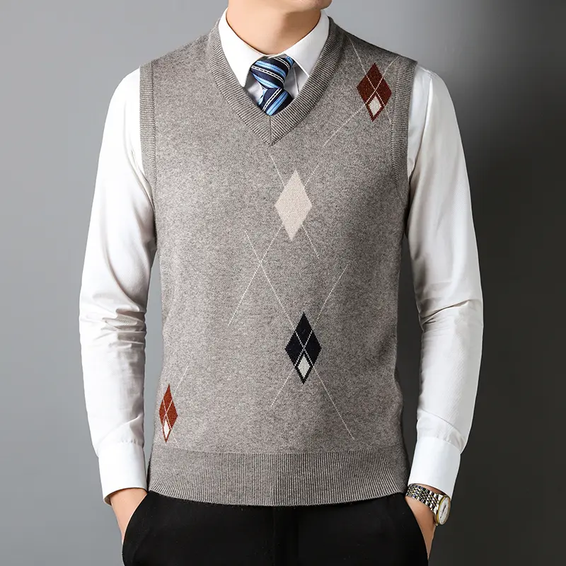 Advanced luxury fashion V-neck men's knitted sleeveless vest sweater Autumn Winter geometric embroidery business casual camisole