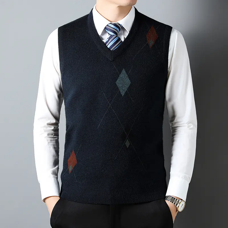 Advanced luxury fashion V-neck men's knitted sleeveless vest sweater Autumn Winter geometric embroidery business casual camisole