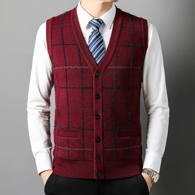 High quality luxury V-neck vest men's autumn winter fashion plaid printed sleeveless knitted vest classic business casual coat