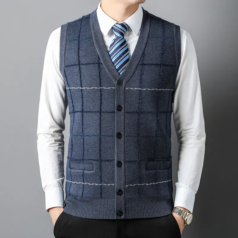 High quality luxury V-neck vest men's autumn winter fashion plaid printed sleeveless knitted vest classic business casual coat