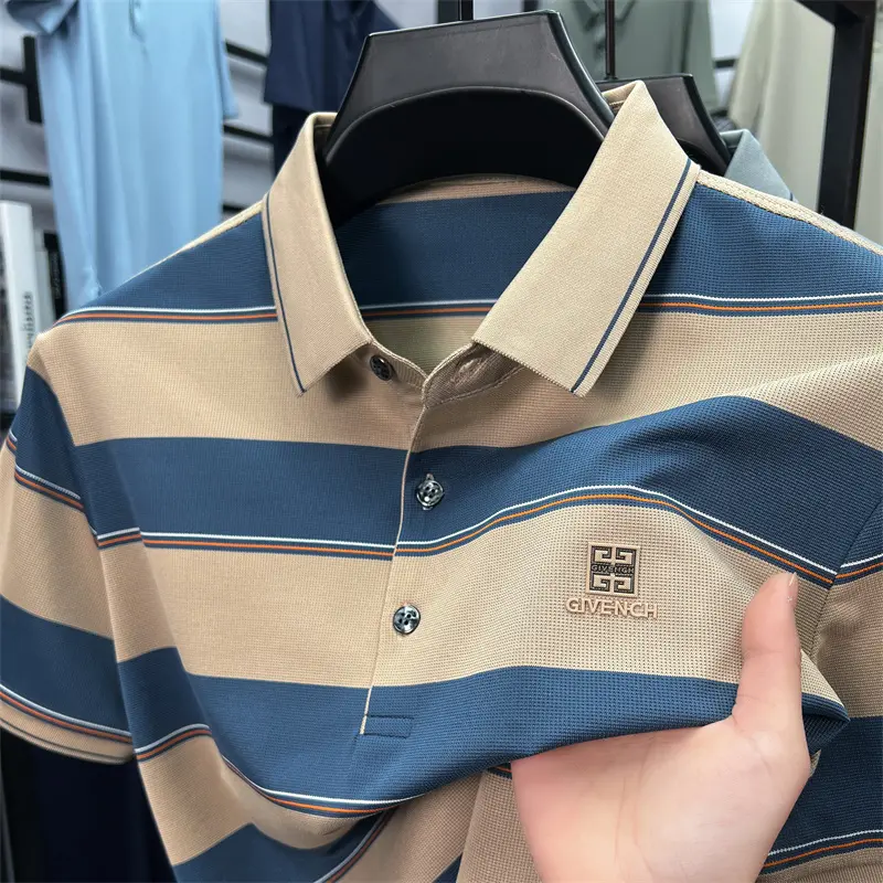 Light luxury striped color blocked short sleeve polo shirt brand symbol emboss high-end casual summer silky smooth men's T-shirt