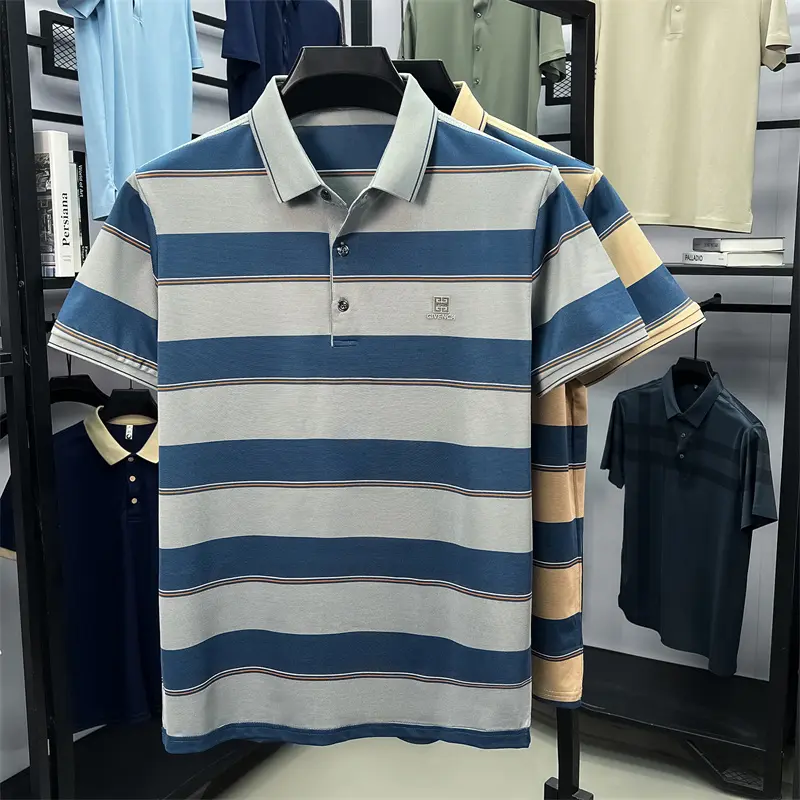 Light luxury striped color blocked short sleeve polo shirt brand symbol emboss high-end casual summer silky smooth men's T-shirt