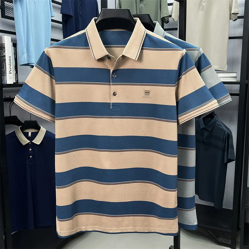Light luxury striped color blocked short sleeve polo shirt brand symbol emboss high-end casual summer silky smooth men's T-shirt