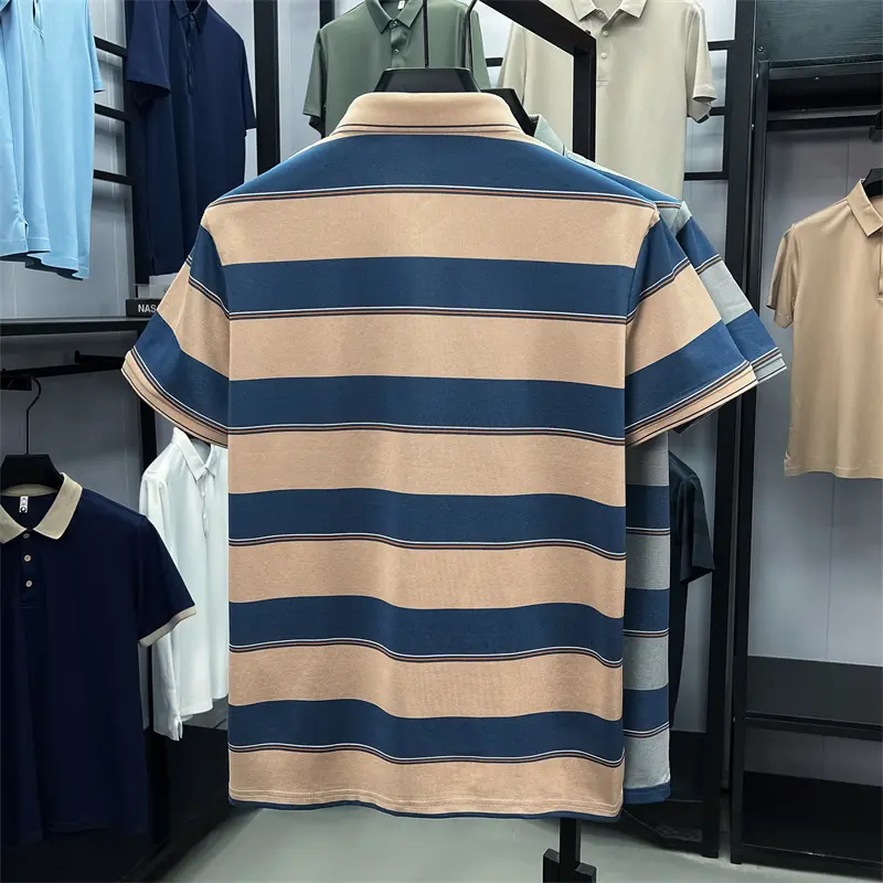 Light luxury striped color blocked short sleeve polo shirt brand symbol emboss high-end casual summer silky smooth men's T-shirt