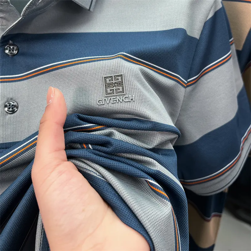 Light luxury striped color blocked short sleeve polo shirt brand symbol emboss high-end casual summer silky smooth men's T-shirt