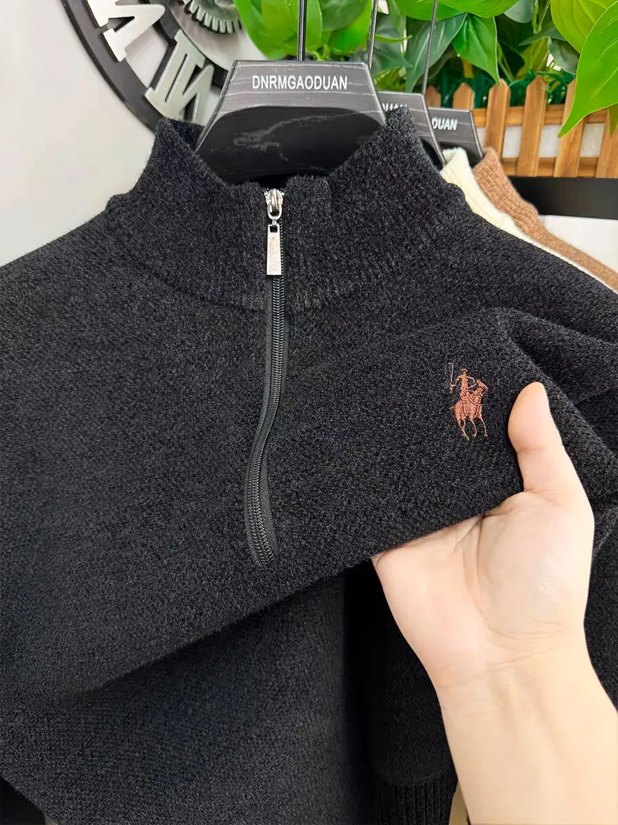 High end half zipper sweater men's fashion luxury brand embroidery designer new knitted pullover plush warm casual men's wear