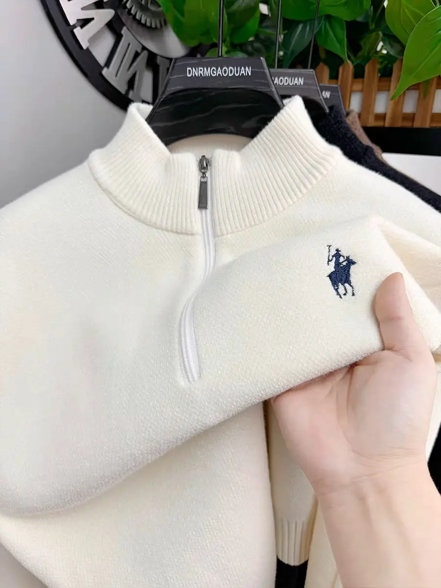 High end half zipper sweater men's fashion luxury brand embroidery designer new knitted pullover plush warm casual men's wear