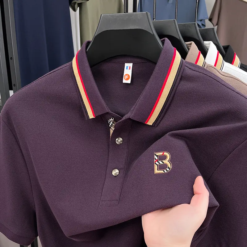 High end brand pure cotton short sleeve polo shirt men summer comfort breathable letter emboss new colorful stripe lapel T-shirt