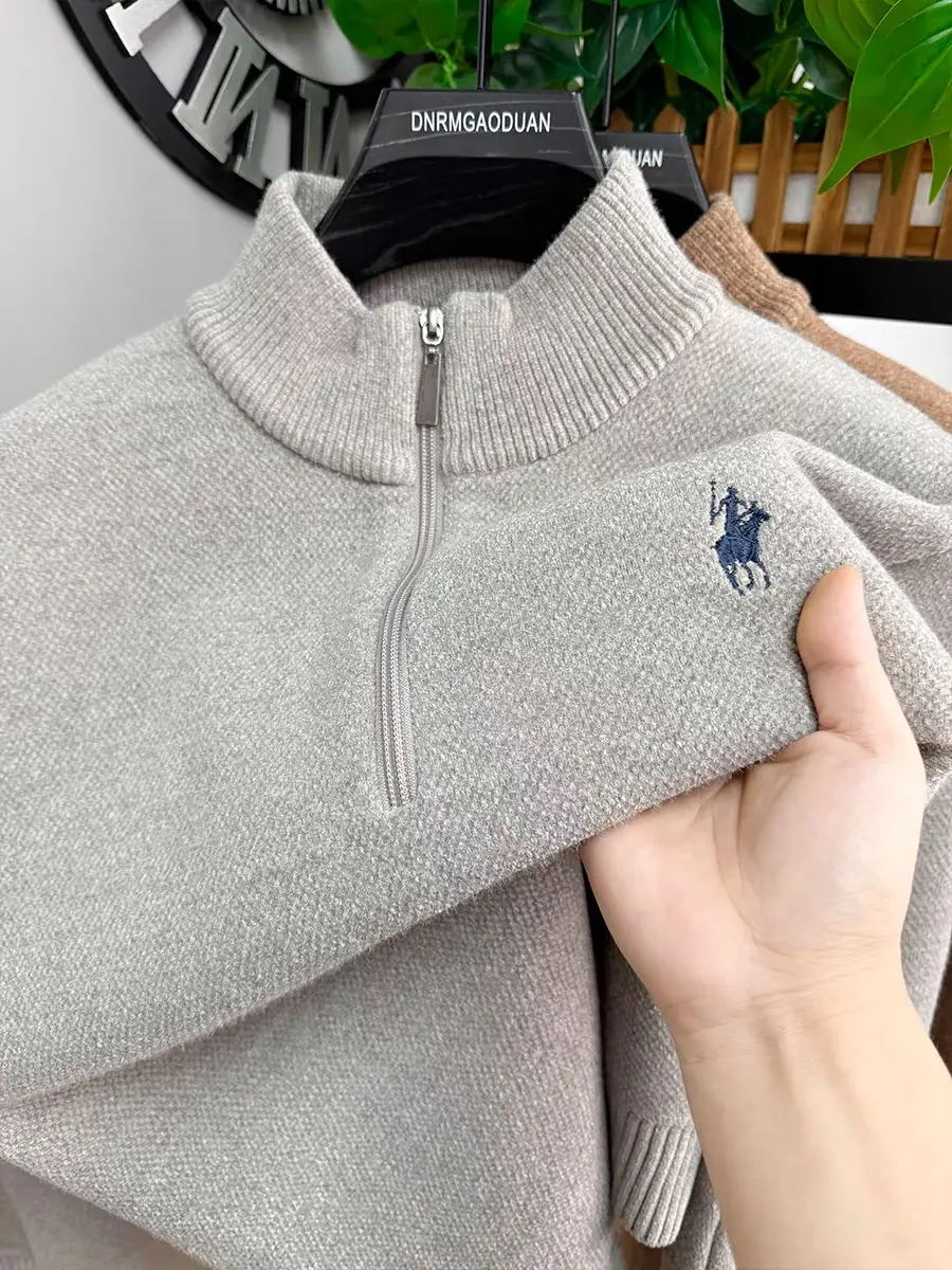 High end half zipper sweater men's fashion luxury brand embroidery designer new knitted pullover plush warm casual men's wear