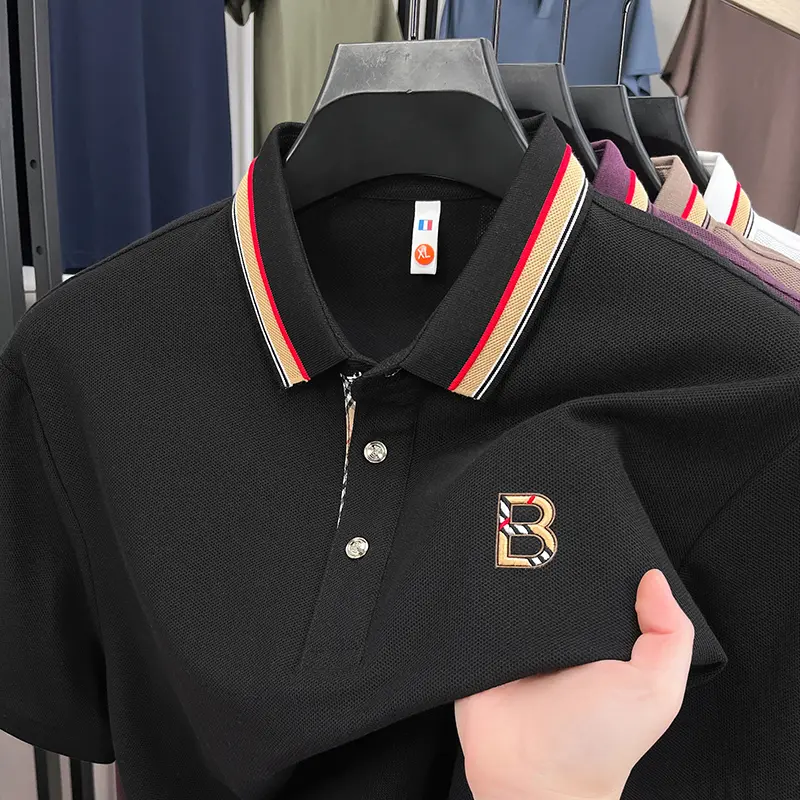 High end brand pure cotton short sleeve polo shirt men summer comfort breathable letter emboss new colorful stripe lapel T-shirt
