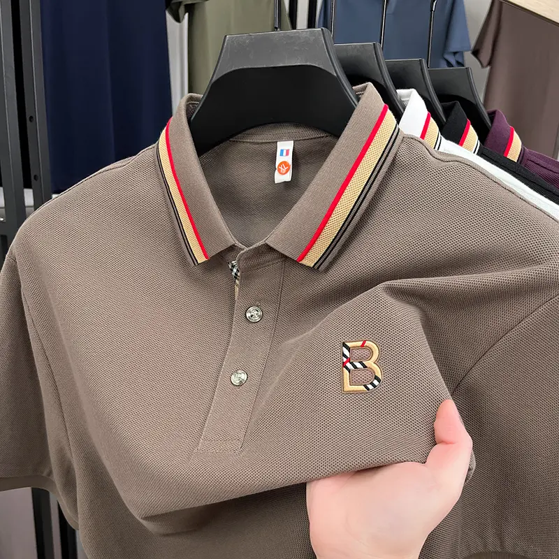 High end brand pure cotton short sleeve polo shirt men summer comfort breathable letter emboss new colorful stripe lapel T-shirt