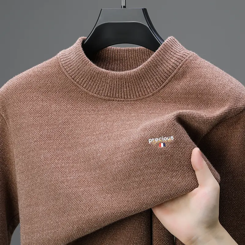 Luxury high-end round neck sweater men's trendy new Korean style casual brand embroidered winter plush thick warm knit pullover