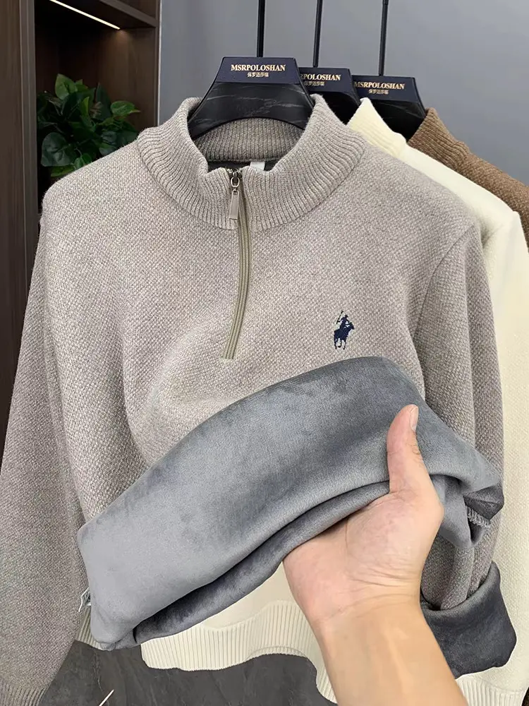 High end half zipper sweater men's fashion luxury brand embroidery designer new knitted pullover plush warm casual men's wear