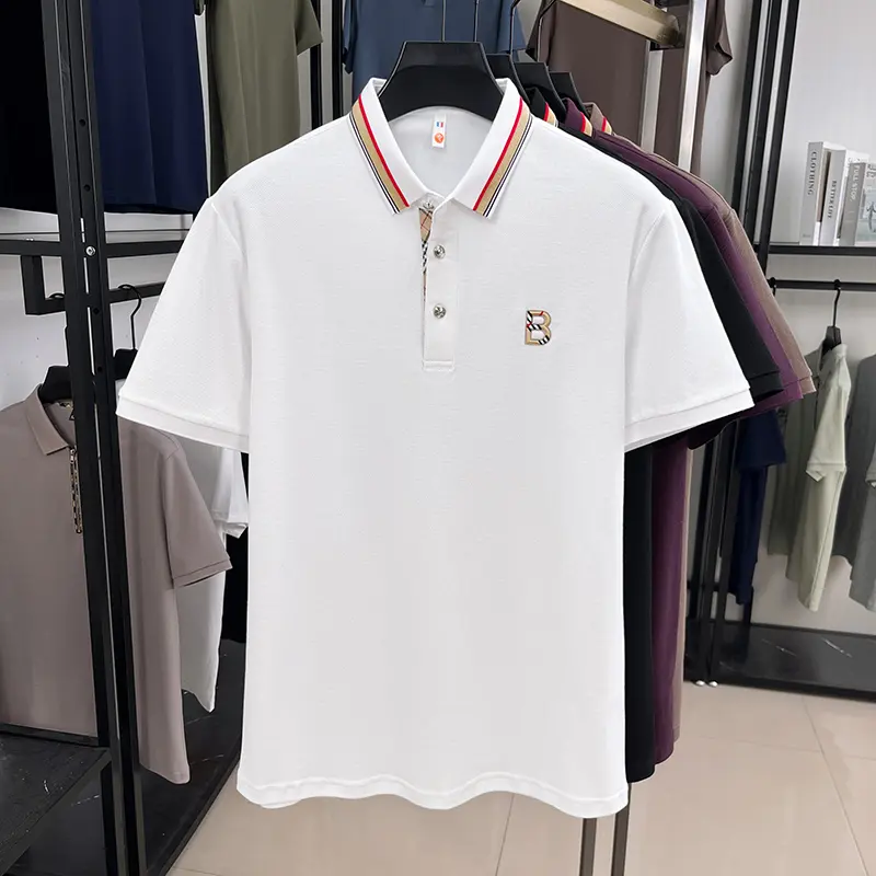 High end brand pure cotton short sleeve polo shirt men summer comfort breathable letter emboss new colorful stripe lapel T-shirt