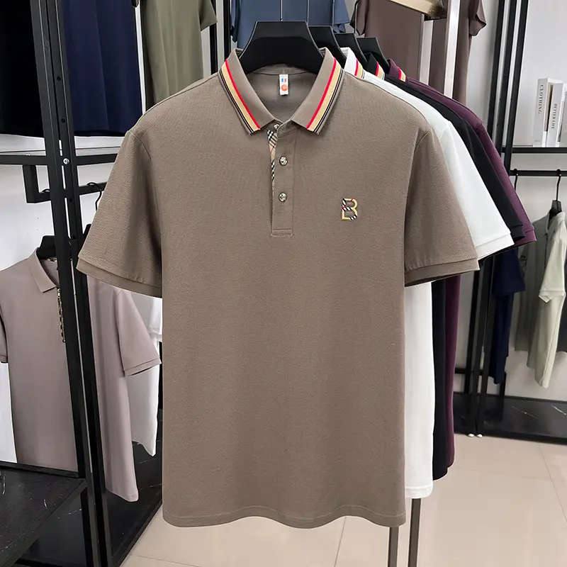 High end brand pure cotton short sleeve polo shirt men summer comfort breathable letter emboss new colorful stripe lapel T-shirt